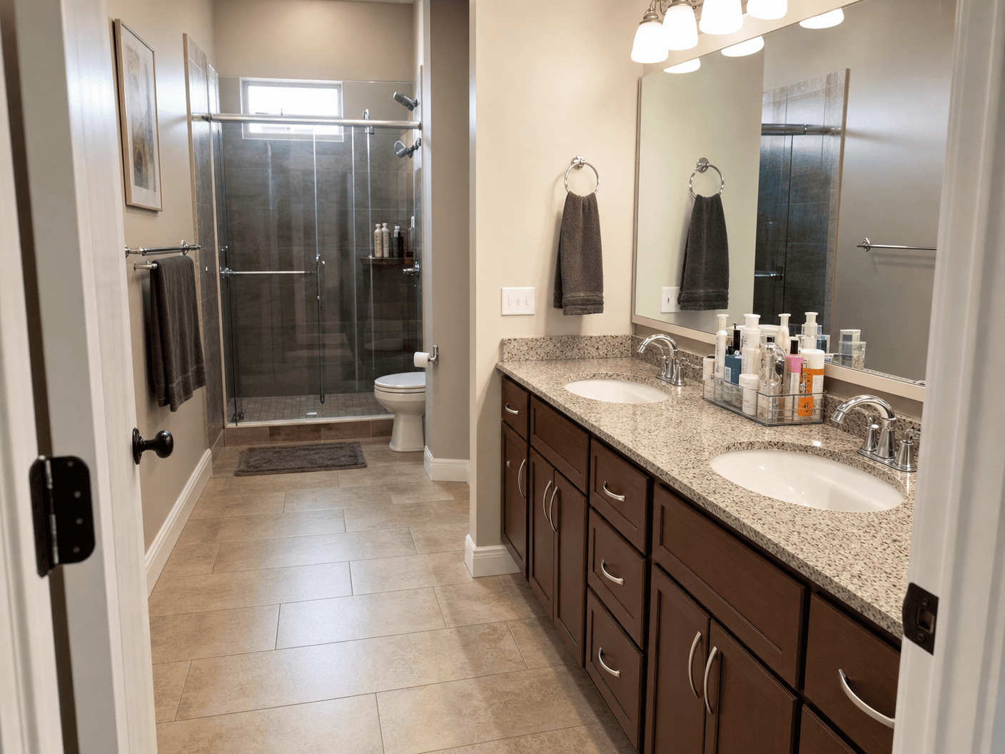 Clean residential bathroom with double vanity