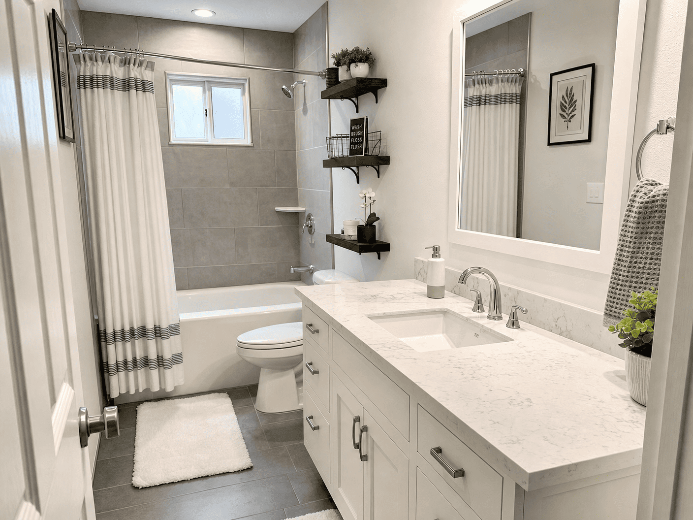 Freshly cleaned white and gray residential bathroom