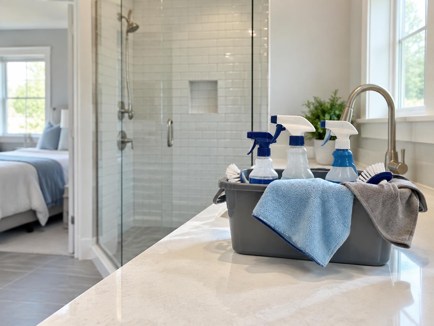 Cleaning supplies on a spotless counter in a bright bathroom